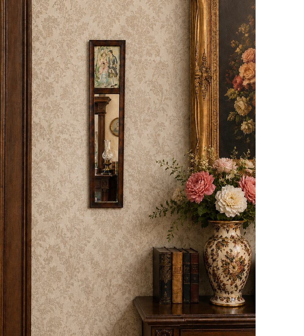 Antique Victorian Wall Mirror Carved Wood Frame Romantic Scene Print 17 x 3.25in